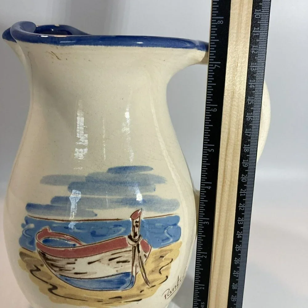 Ceramiques Signed Pantaleu Pitcher Vase Spain Glazed Cream Blue Beach‎ Scene